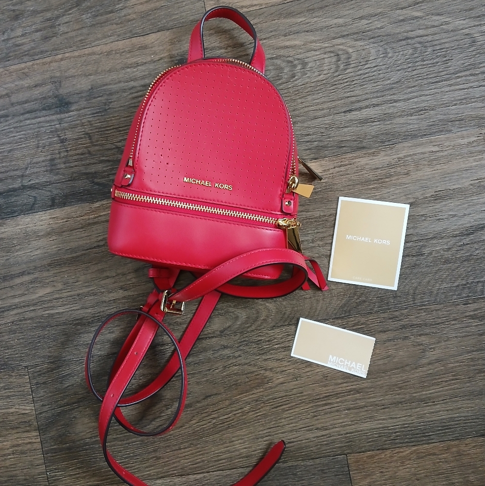 New Michael Kors Rhea Zip Mini Perforated Leather Backpack in Bright Red. - Picture 8 of 16